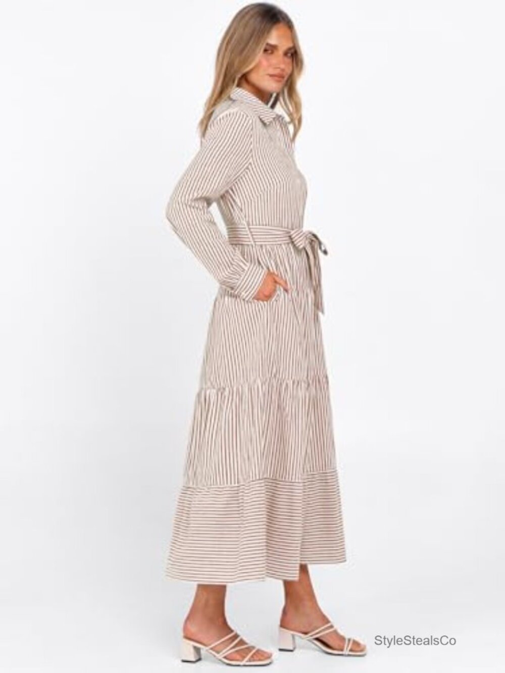 Long Sleeve Striped Flowy Maxi Dress Button Down Ruffle Hem Tie Waist Shirt - Picture 3 of 6